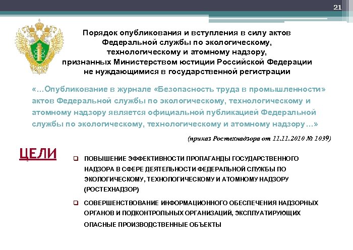 21 Порядок опубликования и вступления в силу актов Федеральной службы по экологическому, технологическому и