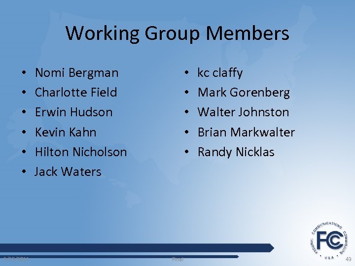 Working Group Members • • • 3/25/2011 Nomi Bergman Charlotte Field Erwin Hudson Kevin