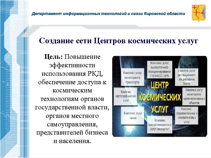 Создание сети Центров космических услуг Цель: Повышение эффективности использования РКД, обеспечение доступа к космическим