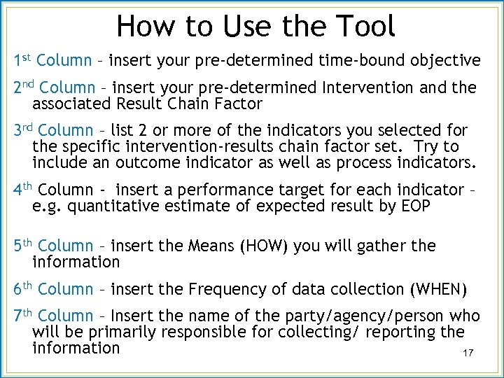 How to Use the Tool 1 st Column – insert your pre-determined time-bound objective