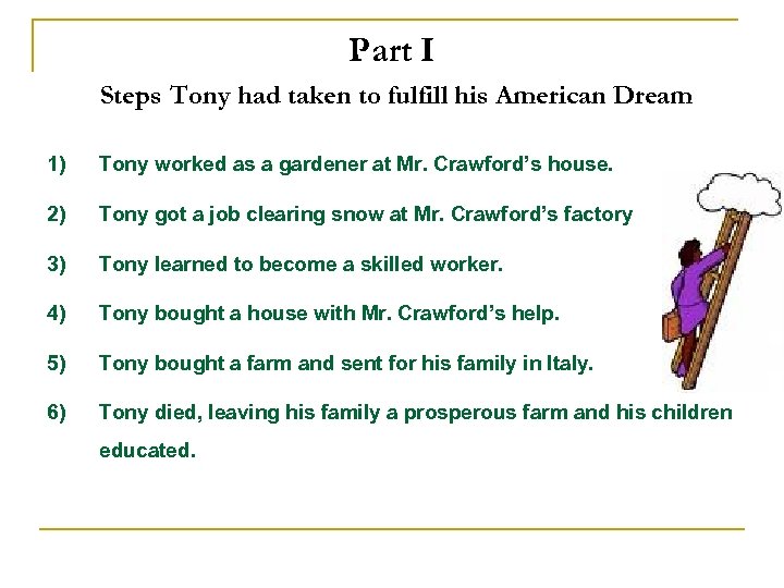 Part I Steps Tony had taken to fulfill his American Dream 1) Tony worked