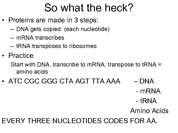 So what the heck? • Proteins are made in 3 steps: – DNA gets