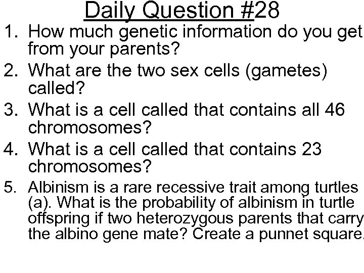 Daily Question #28 1. How much genetic information do you get from your parents?
