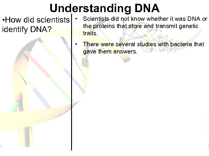Understanding DNA • How did scientists identify DNA? • Scientists did not know whether