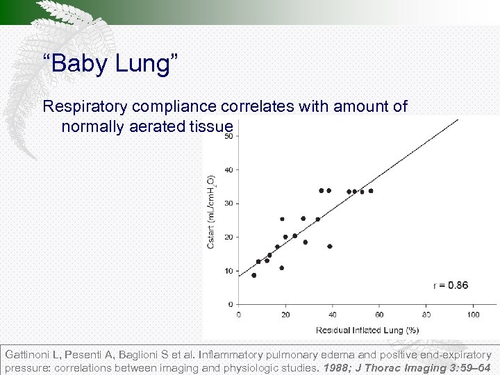 “Baby Lung” Respiratory compliance correlates with amount of normally aerated tissue Gattinoni L, Pesenti