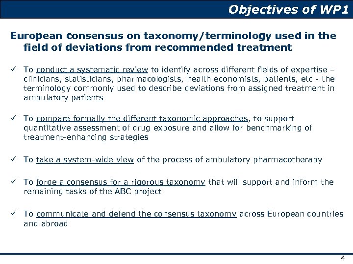 Objectives of WP 1 European consensus on taxonomy/terminology used in the field of deviations