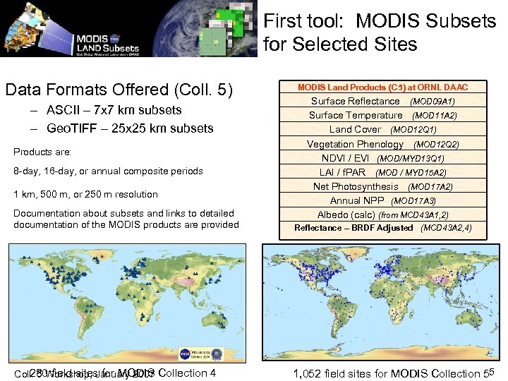 First tool: MODIS Subsets for Selected Sites Data Formats Offered (Coll. 5) – ASCII