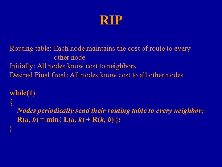 RIP Routing table: Each node maintains the cost of route to every other node