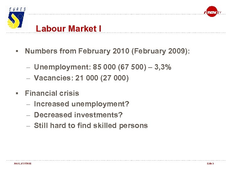 Labour Market I § Numbers from February 2010 (February 2009): – Unemployment: 85 000