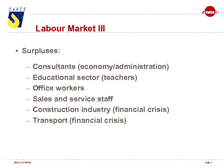 Labour Market III § Surpluses: – Consultants (economy/administration) – Educational sector (teachers) – Office