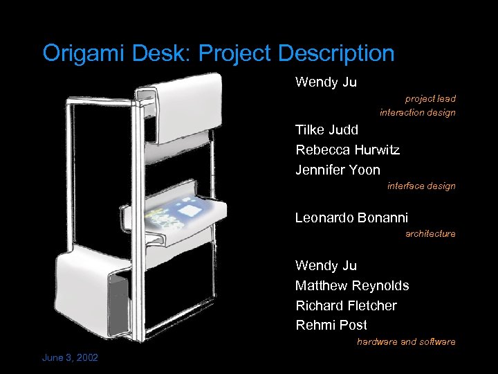 Origami Desk: Project Description Wendy Ju project lead interaction design Tilke Judd Rebecca Hurwitz