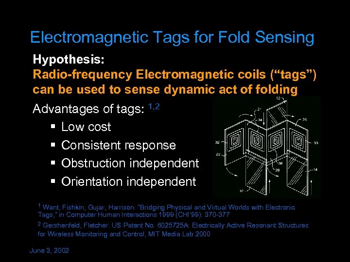 Electromagnetic Tags for Fold Sensing Hypothesis: Radio-frequency Electromagnetic coils (“tags”) can be used to