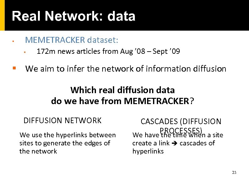 Real Network: data § MEMETRACKER dataset: § 172 m news articles from Aug ’