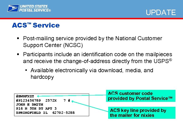 ® UPDATE ACS™ Service § Post-mailing service provided by the National Customer Support Center
