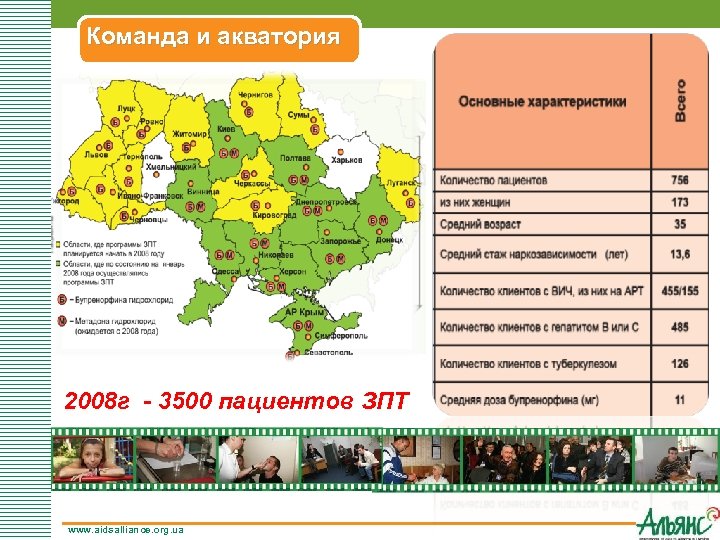 Команда и акватория 2008 г - 3500 пациентов ЗПТ www. aidsalliance. org. ua 