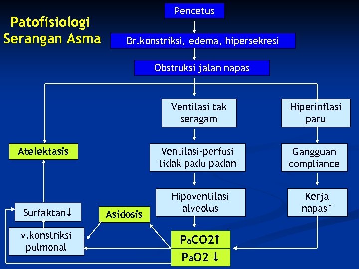 Patofisiologi Serangan Asma Pencetus Br. konstriksi, edema, hipersekresi Obstruksi jalan napas Ventilasi tak seragam