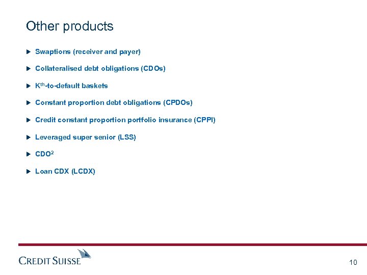 Other products u Swaptions (receiver and payer) u Collateralised debt obligations (CDOs) u Kth-to-default