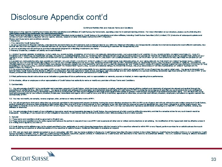 Disclosure Appendix cont’d CUSP and Portfolio Risk and Analysis Terms and Conditions References in