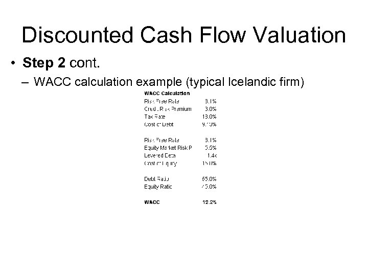 Discounted Cash Flow Valuation • Step 2 cont. – WACC calculation example (typical Icelandic