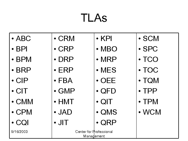 TLAs • ABC • BPI • BPM • BRP • CIT • CMM •