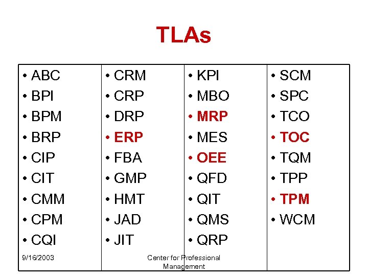 TLAs • ABC • BPI • BPM • BRP • CIT • CMM •