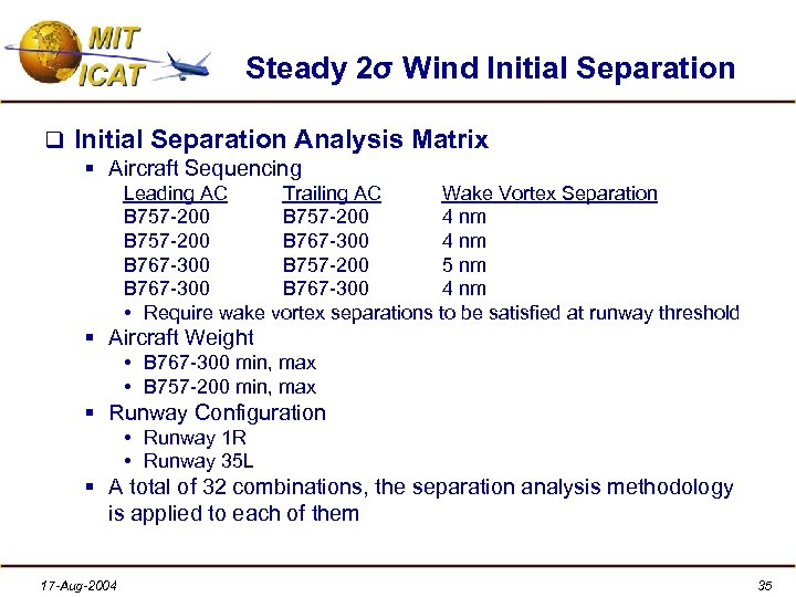 Steady 2σ Wind Initial Separation q Initial Separation Analysis Matrix § Aircraft Sequencing Leading