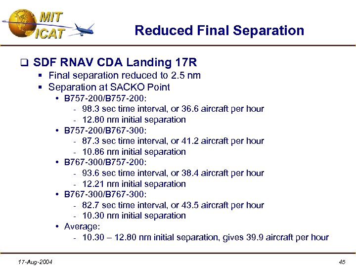 Reduced Final Separation q SDF RNAV CDA Landing 17 R § Final separation reduced