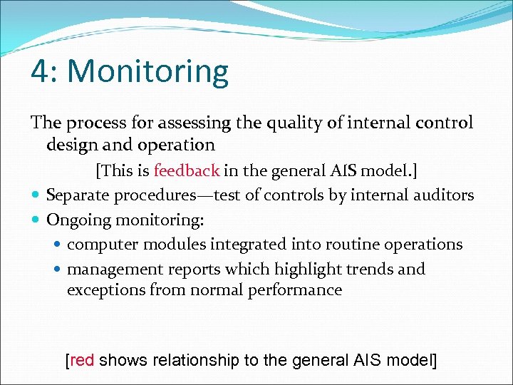 4: Monitoring The process for assessing the quality of internal control design and operation