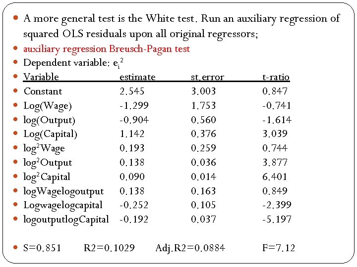  A more general test is the White test. Run an auxiliary regression of