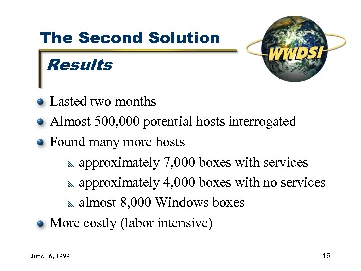 The Second Solution Results Lasted two months Almost 500, 000 potential hosts interrogated Found