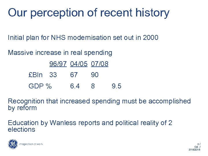 Our perception of recent history Initial plan for NHS modernisation set out in 2000