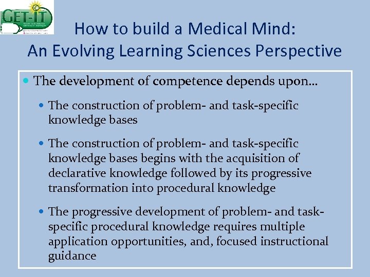 How to build a Medical Mind: An Evolving Learning Sciences Perspective The development of