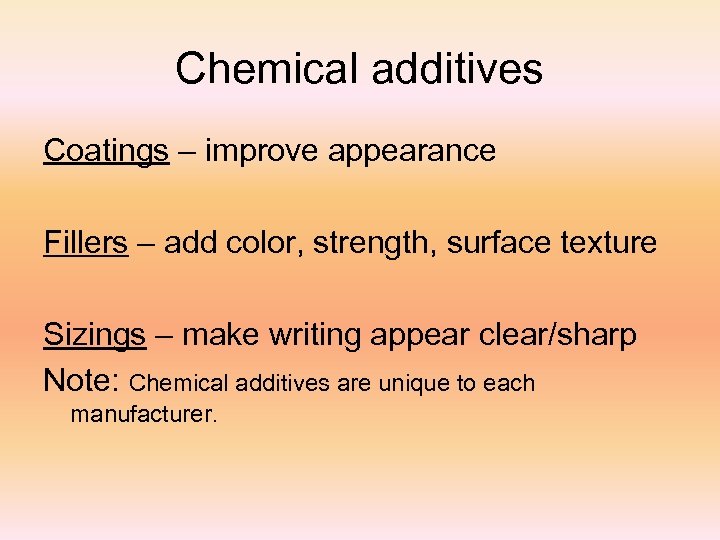 Chemical additives Coatings – improve appearance Fillers – add color, strength, surface texture Sizings