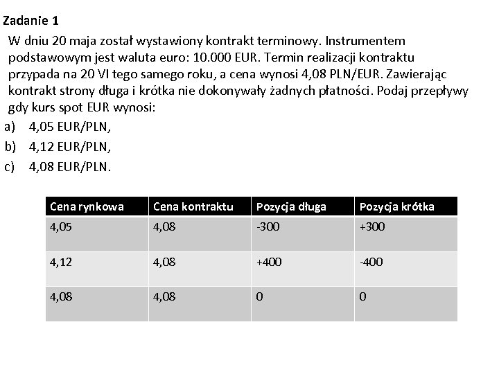 Zadanie 1 W dniu 20 maja został wystawiony kontrakt terminowy. Instrumentem podstawowym jest waluta