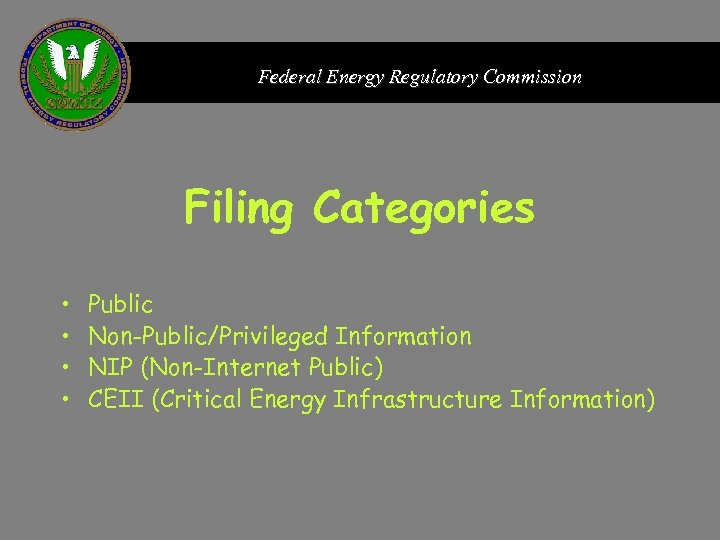 Federal Energy Regulatory Commission Filing Categories • • Public Non-Public/Privileged Information NIP (Non-Internet Public)