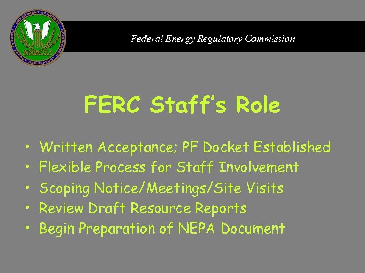 Federal Energy Regulatory Commission FERC Staff’s Role • • • Written Acceptance; PF Docket