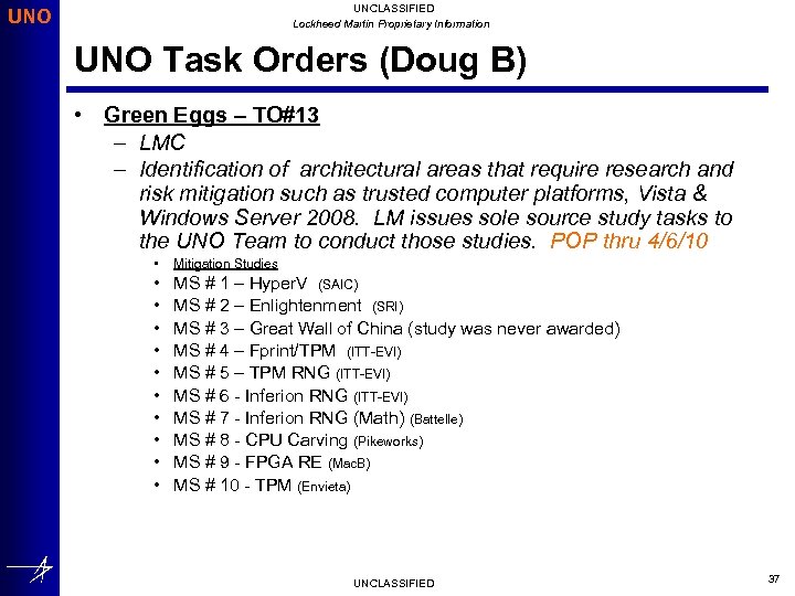 UNCLASSIFIED Lockheed Martin Proprietary Information UNO Task Orders (Doug B) • Green Eggs –