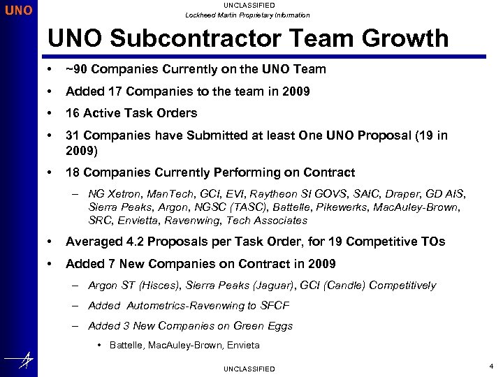 UNCLASSIFIED Lockheed Martin Proprietary Information UNO Subcontractor Team Growth • ~90 Companies Currently on