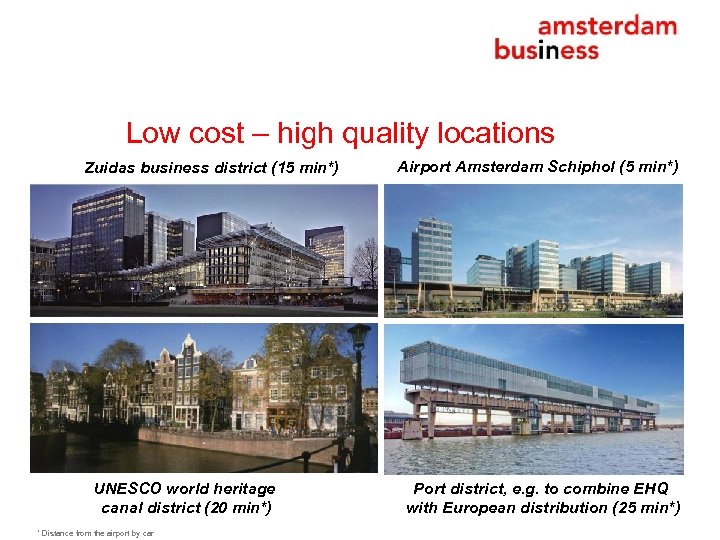 Low cost – high quality locations Zuidas business district (15 min*) UNESCO world heritage