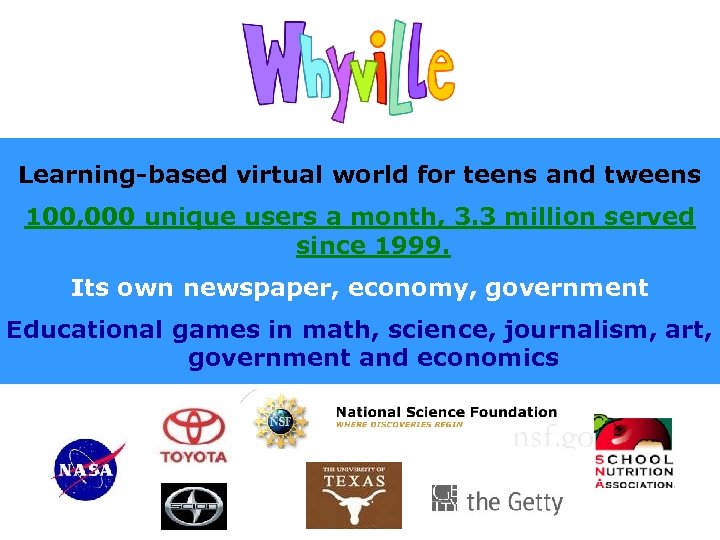 Learning-based virtual world for teens and tweens 100, 000 unique users a month, 3.