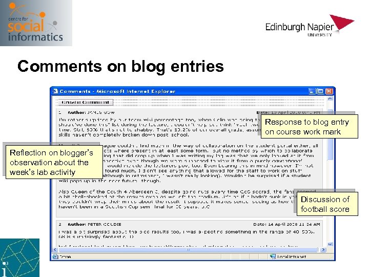 Comments on blog entries Response to blog entry on course work mark Reflection on