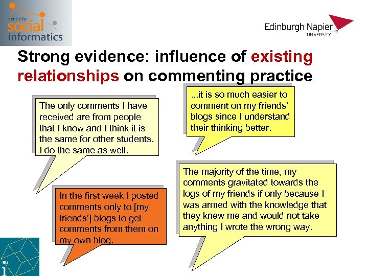 Strong evidence: influence of existing relationships on commenting practice The only comments I have