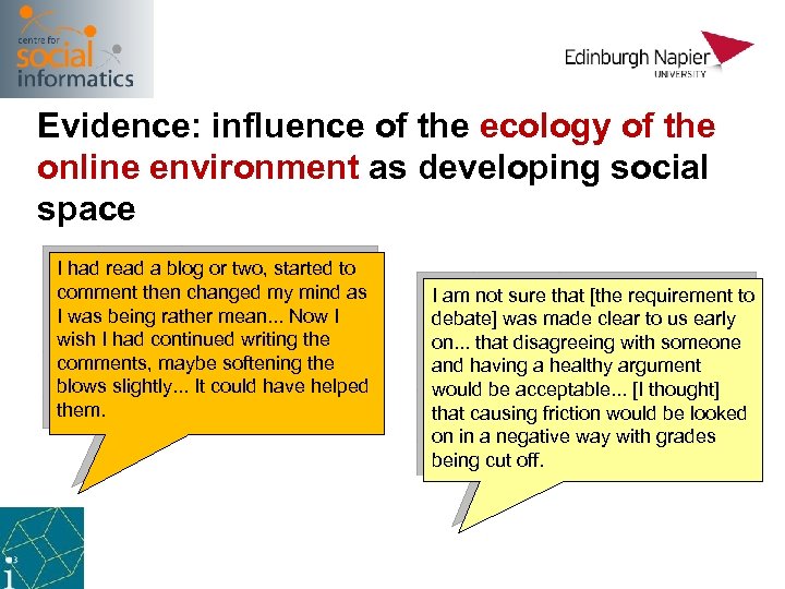 Evidence: influence of the ecology of the online environment as developing social space I