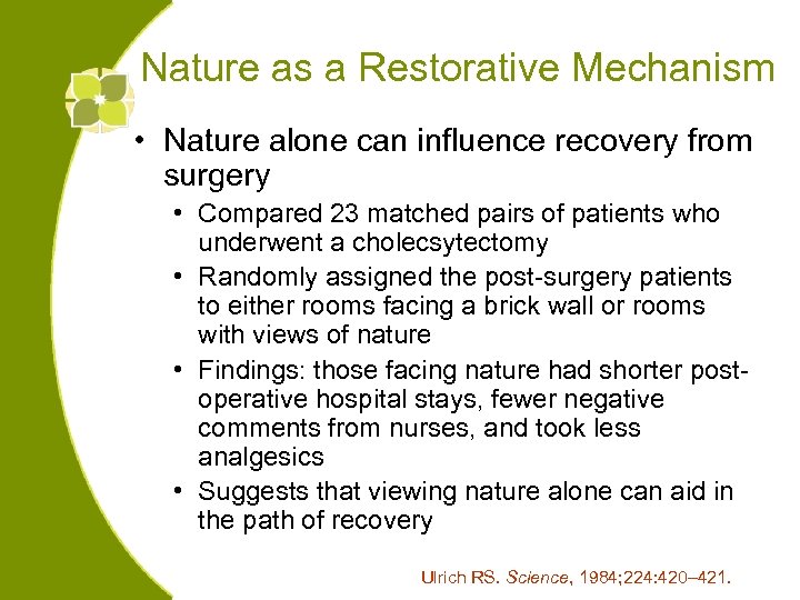 Nature as a Restorative Mechanism • Nature alone can influence recovery from surgery •