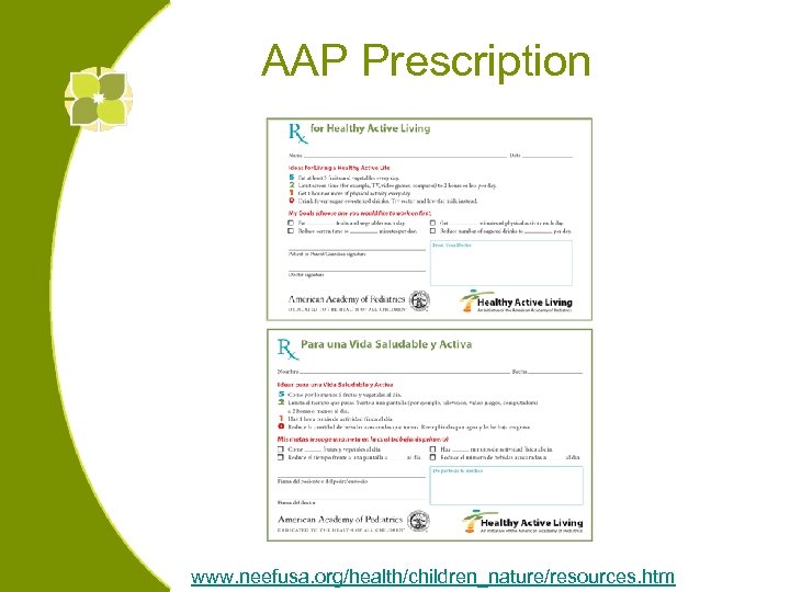 AAP Prescription www. neefusa. org/health/children_nature/resources. htm 