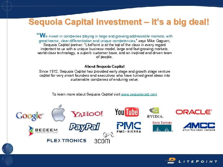 Sequoia Capital investment – it’s a big deal! “We invest in companies playing in