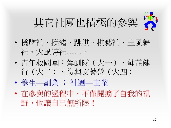 其它社團也積極的參與 • 橋牌社、拱豬、跳棋、棋藝社、土風舞 社、大風詩社……。 • 青年救國團：駕訓隊（大一）、蘇花健 行（大二）、復興文藝營（大四） • 學生—副業 ； 社團—主業 • 在參與的過程中，不僅開擴了自我的視 野，也讓自已無所限！