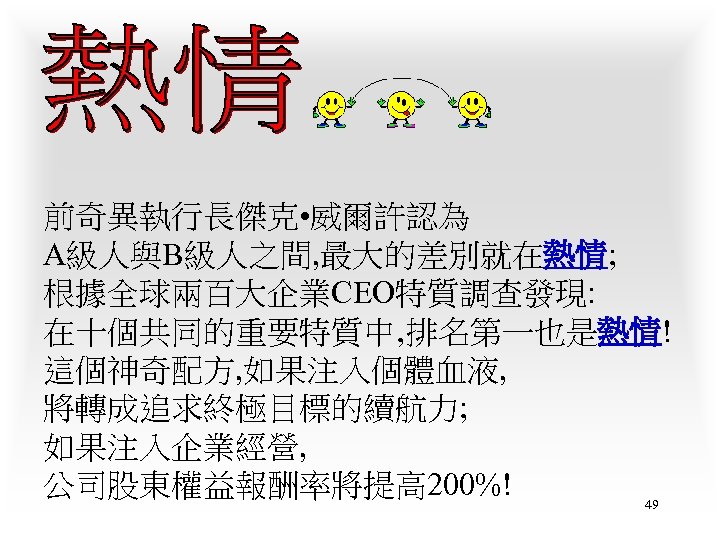 前奇異執行長傑克 • 威爾許認為 A級人與B級人之間, 最大的差別就在熱情; 根據全球兩百大企業CEO特質調查發現: 在十個共同的重要特質中‚排名第一也是熱情! 這個神奇配方, 如果注入個體血液, 將轉成追求終極目標的續航力; 如果注入企業經營, 公司股東權益報酬率將提高 200%! 49