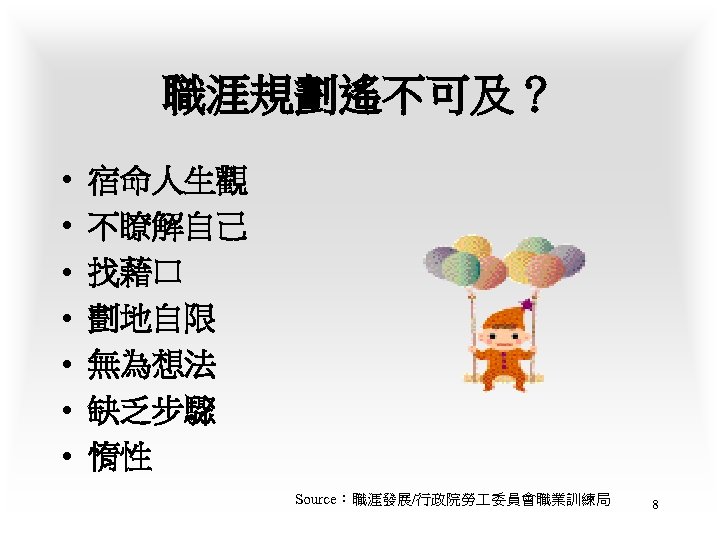 職涯規劃遙不可及？ • • 宿命人生觀 不瞭解自己 找藉口 劃地自限 無為想法 缺乏步驟 惰性 Source：職涯發展/行政院勞 委員會職業訓練局 8 