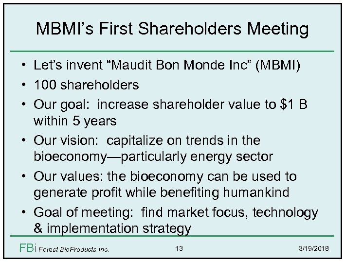 MBMI’s First Shareholders Meeting • Let’s invent “Maudit Bon Monde Inc” (MBMI) • 100